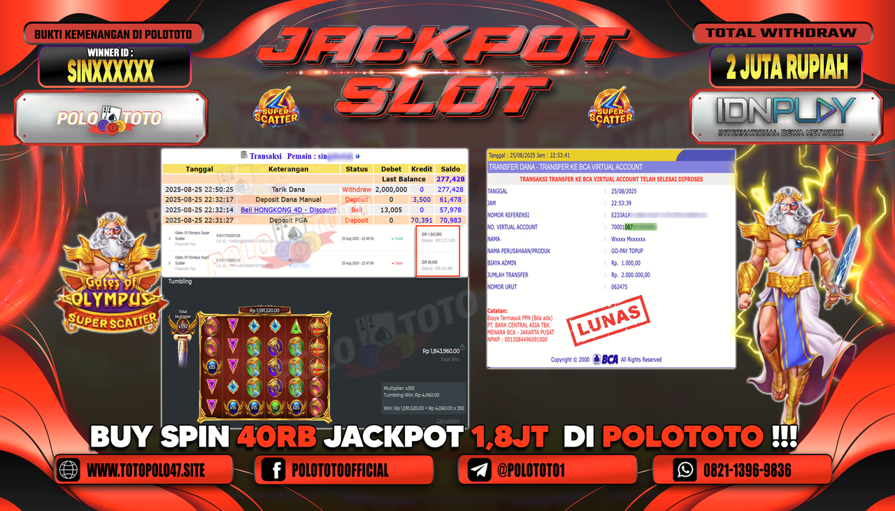 POLOTOTO JACKPOT SLOT GATES OF OLYMPUS SUPER SCATTER Rp.2.000.000,-