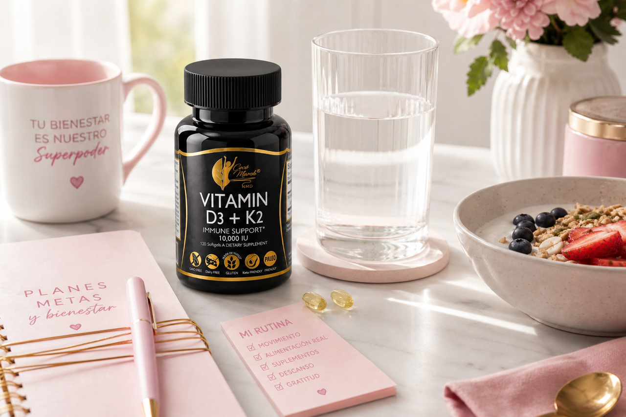 Frascos de suplementos vitamínicos D3 y K2 de alta calidad para el bienestar femenino