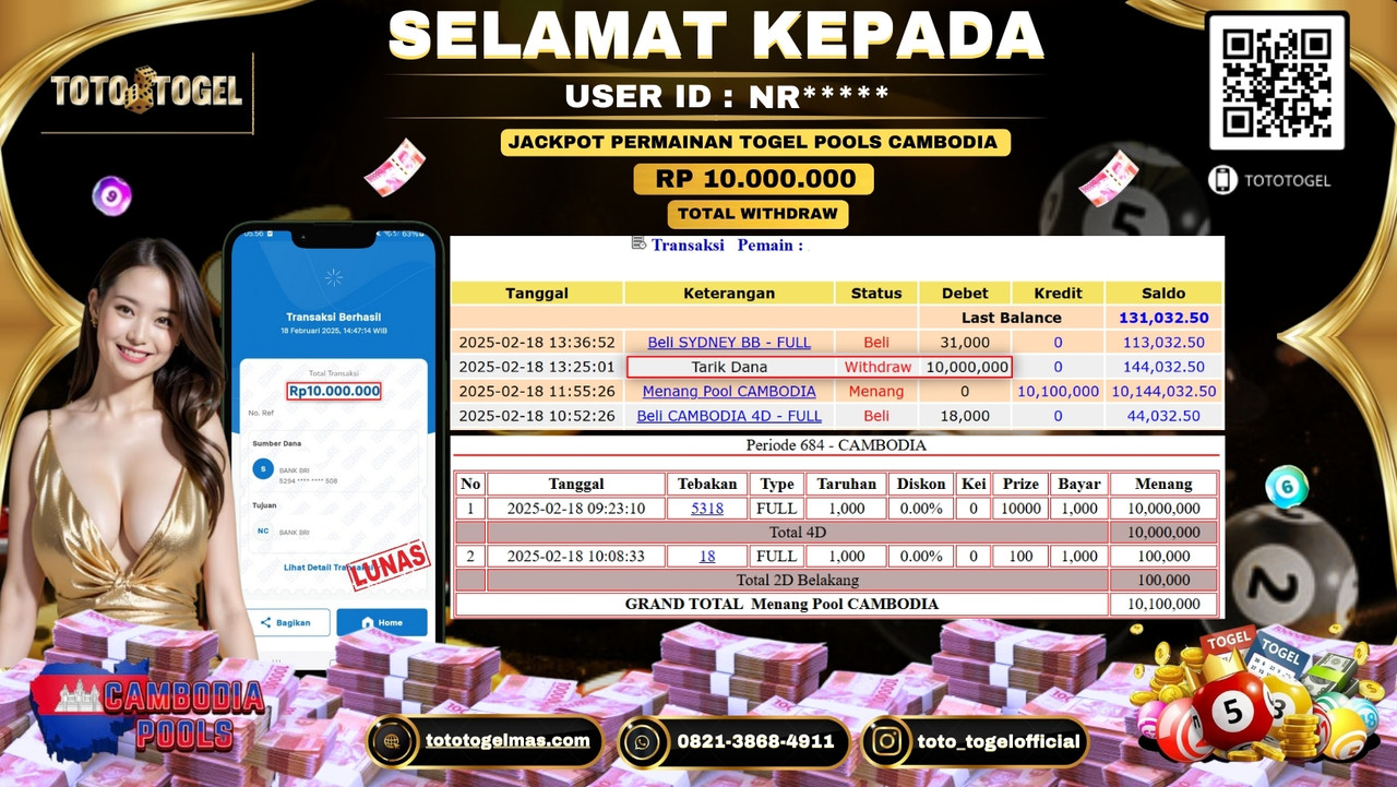 Bukti Pembayaran Jackpot  Permainan Togel Pools Cambodia  ID:NR**** LUNAS