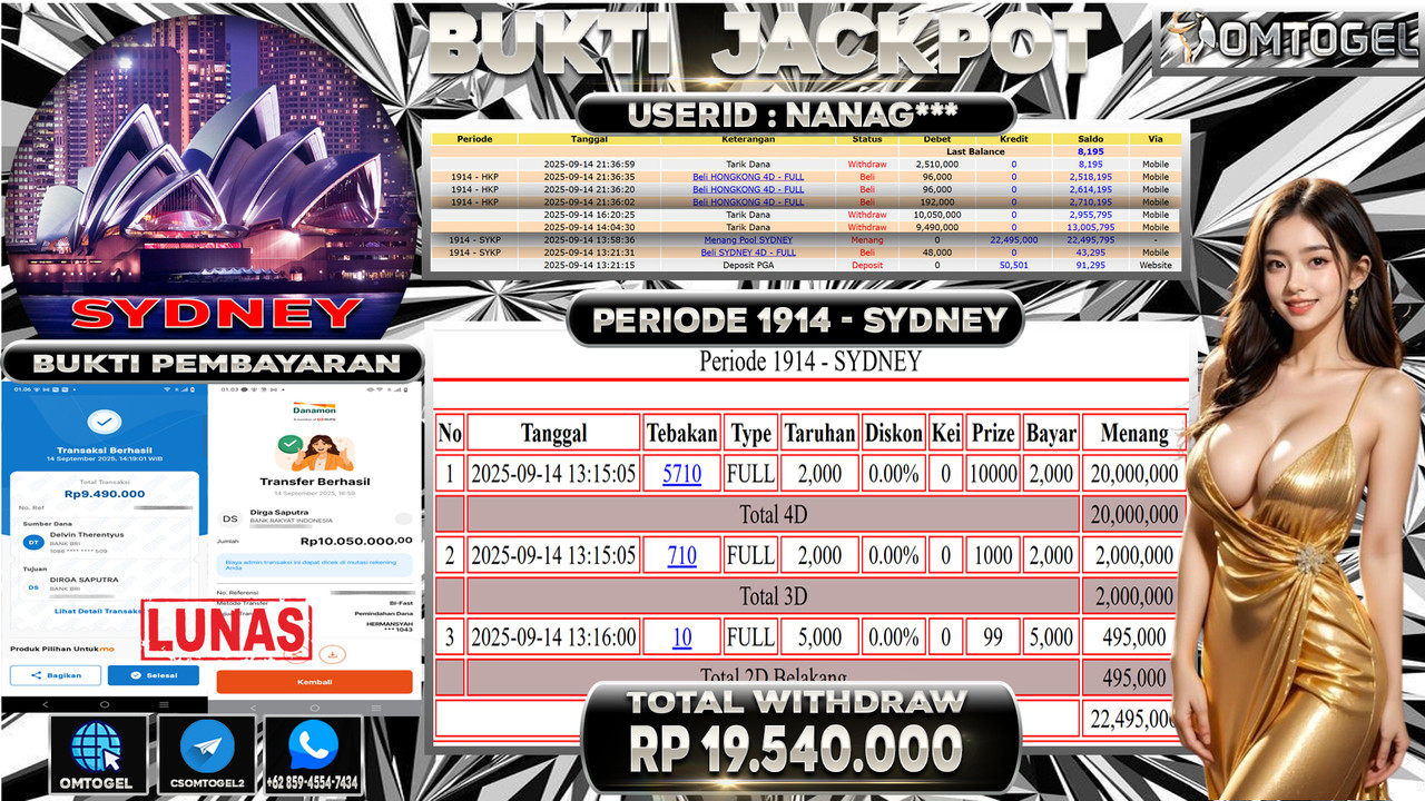 OMTOGEL JACKPOT SYDNEY 4D 3D 2D 19 JUTA DI BAYAR LUNAS ,-