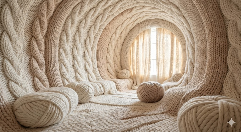 Cocoon-like bedroom concept in monochrome white.