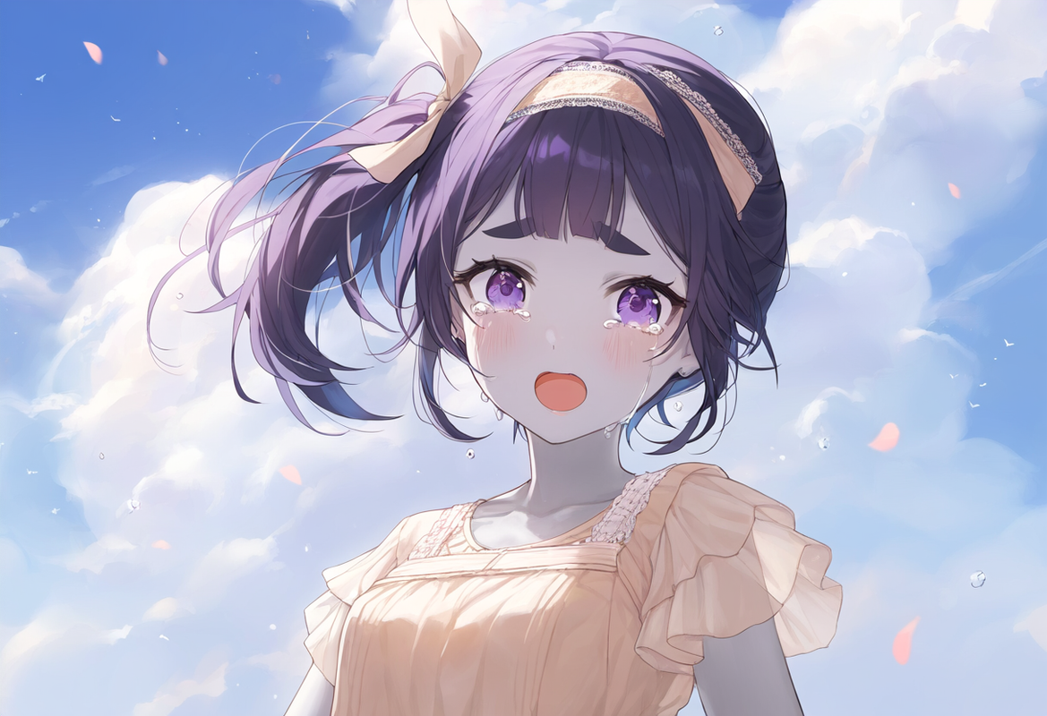 1girl, upper body, grey skin, purple eyes, side ponytail, dyed bangs, small brea s-69966488