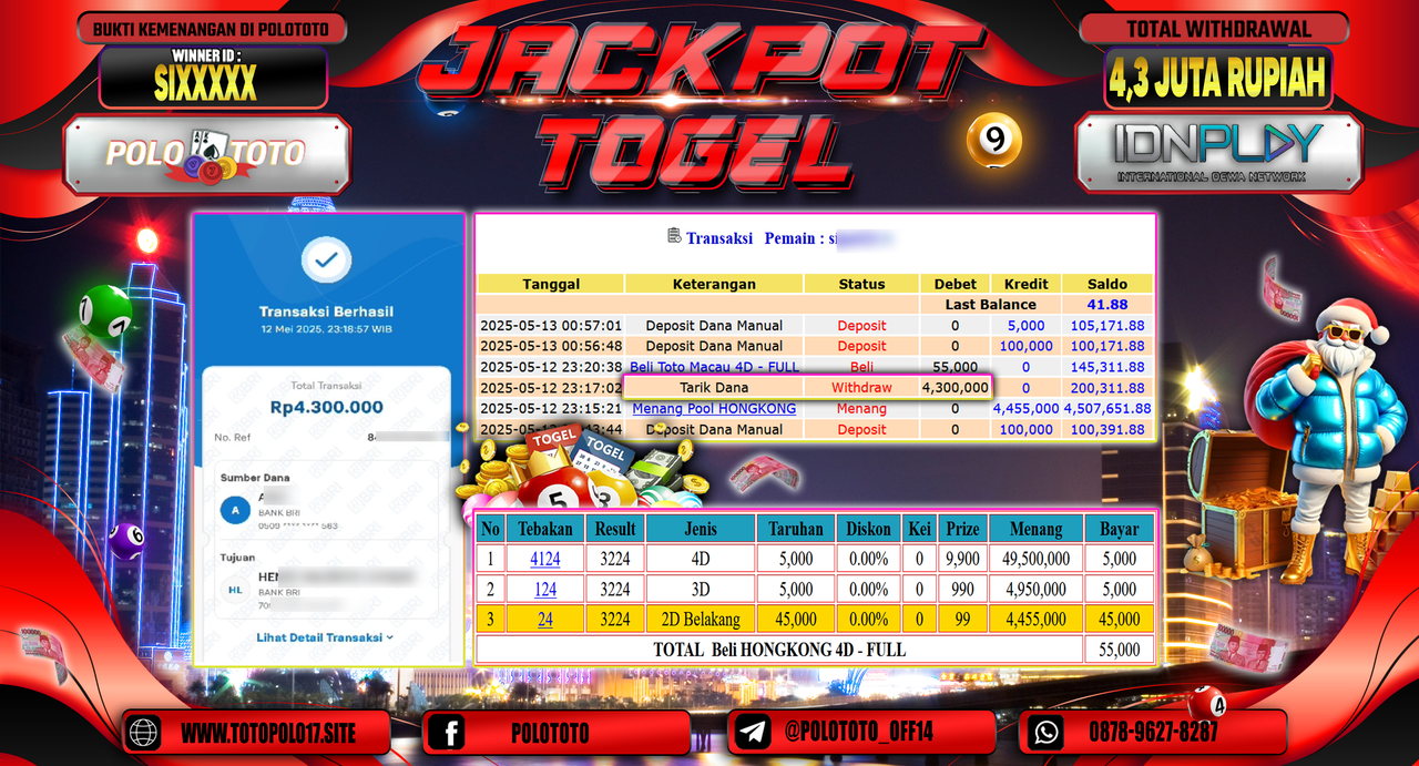 POLOTOTO JACKPOT TOGEL HONGKONG LOTTO Rp.4.300.000,-