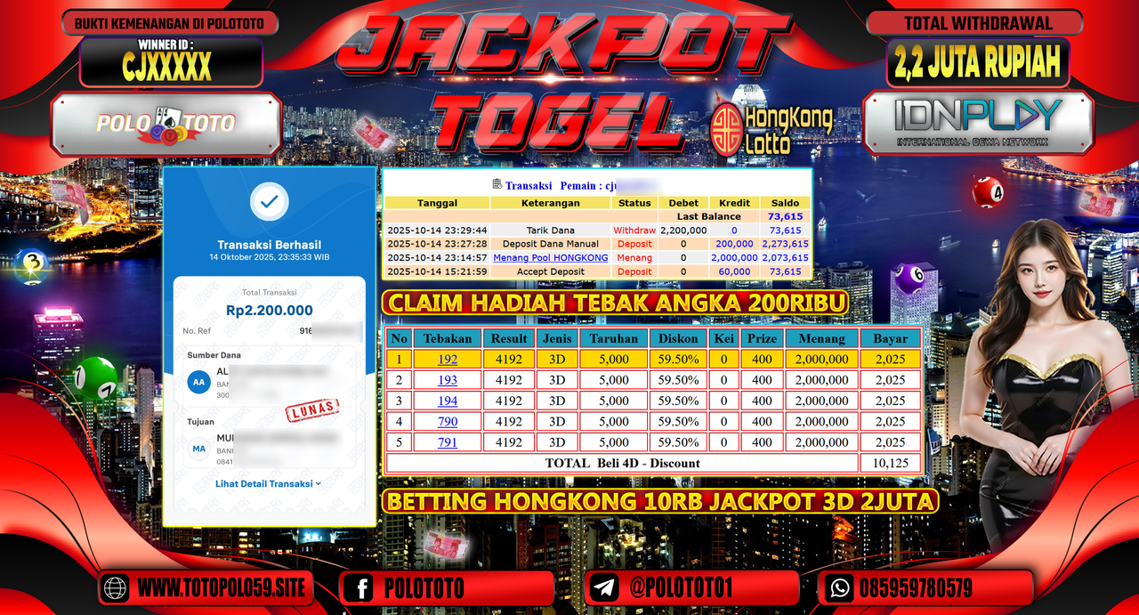 POLOTOTO JACKPOT TOGEL HONGKONG LOTTO Rp.2.200.000,- LUNAS