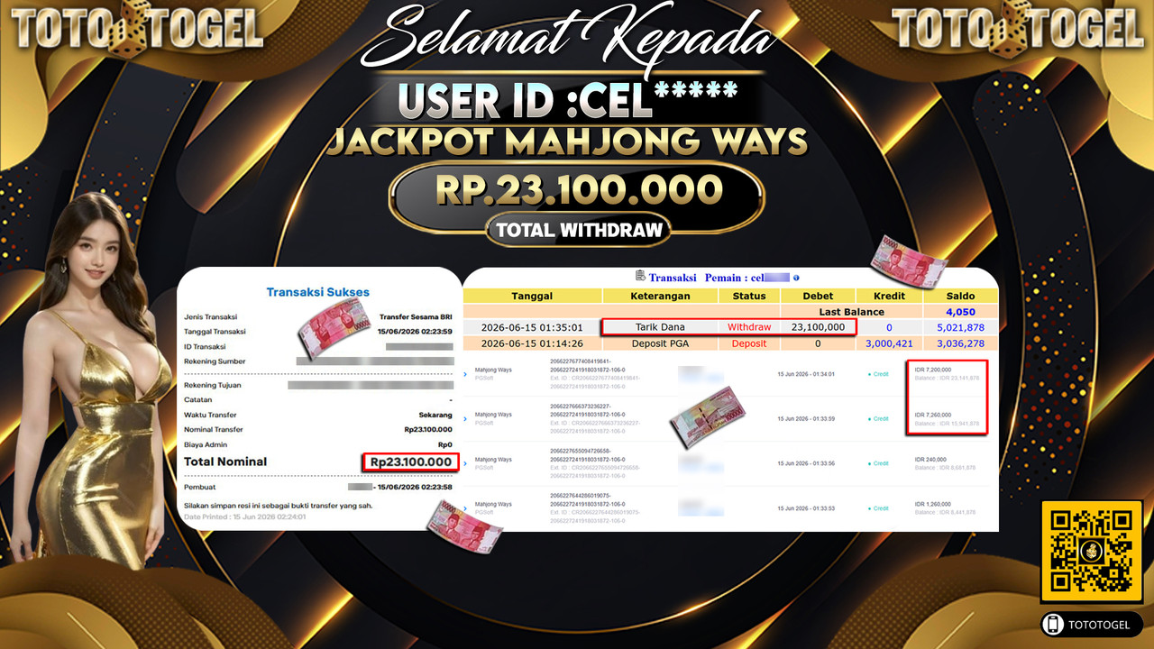 Bukti Pembayaran Jackpot Permainan Slot Mahjong Ways ID:CEL*****LUNAS