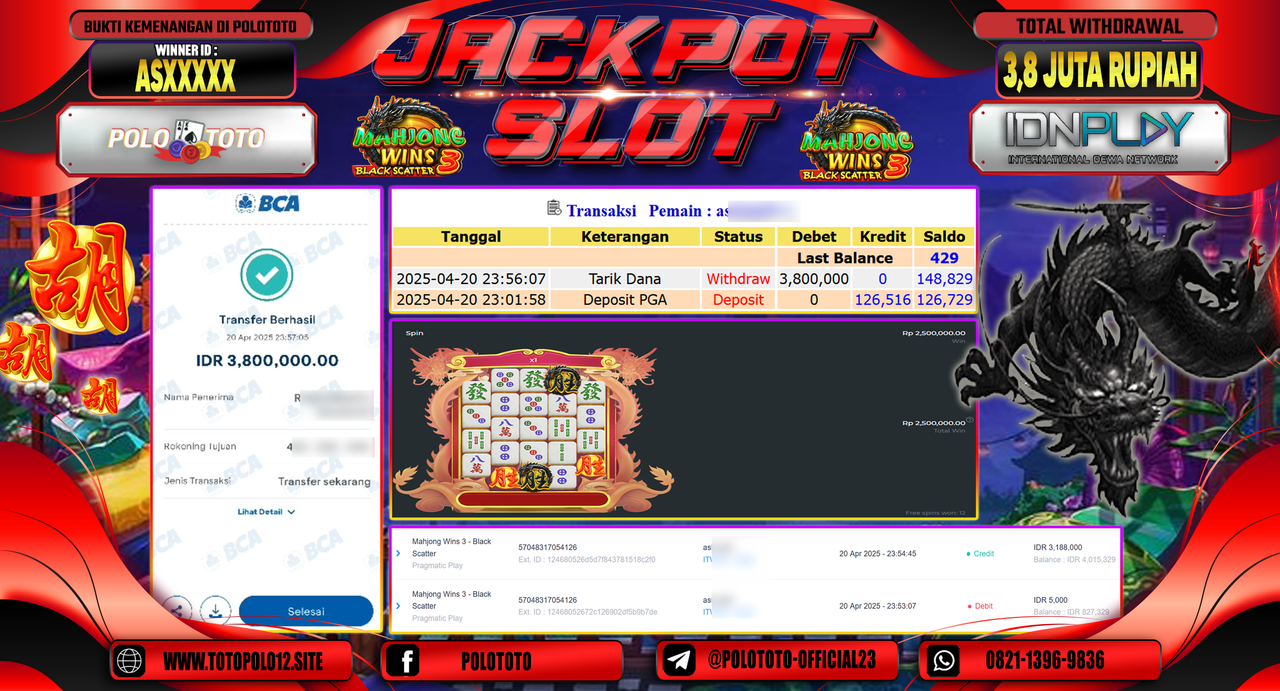POLOTOTO JACKPOT SLOT MAHJONG WINS 3 BLACK SCATTER Rp.3.800.000,-