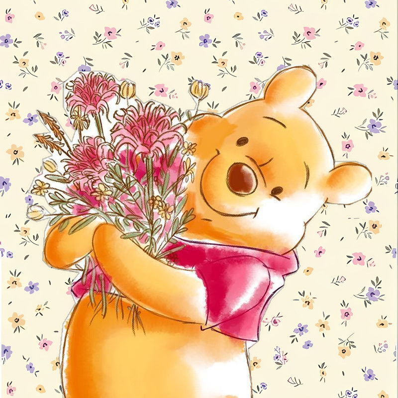 抱着红色花束和彩色花朵背景的维尼熊