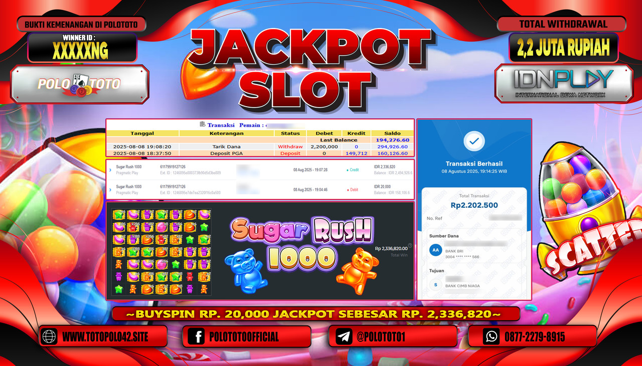 POLOTOTO JACKPOT SLOT SUGAR RUSH 1000 Rp.2.200.000,-LUNAS