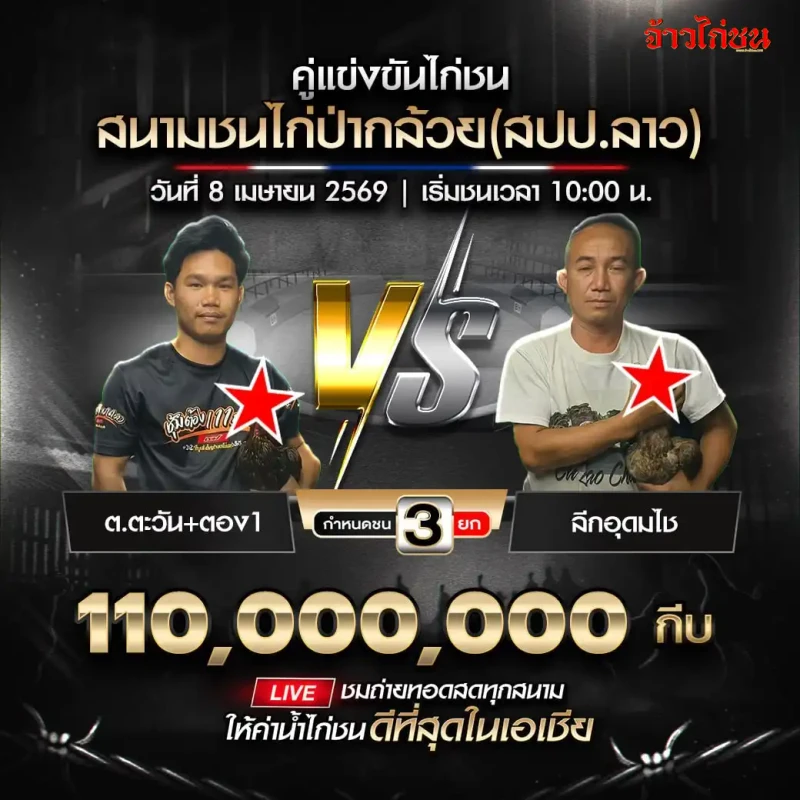 โปรแกรมไก่ชน สนามชนไก่ป่ากล้วย วันที่ 8 เมษายน 2569 ต.ตะวัน+ตอง1 vs ลีกอุดมไช