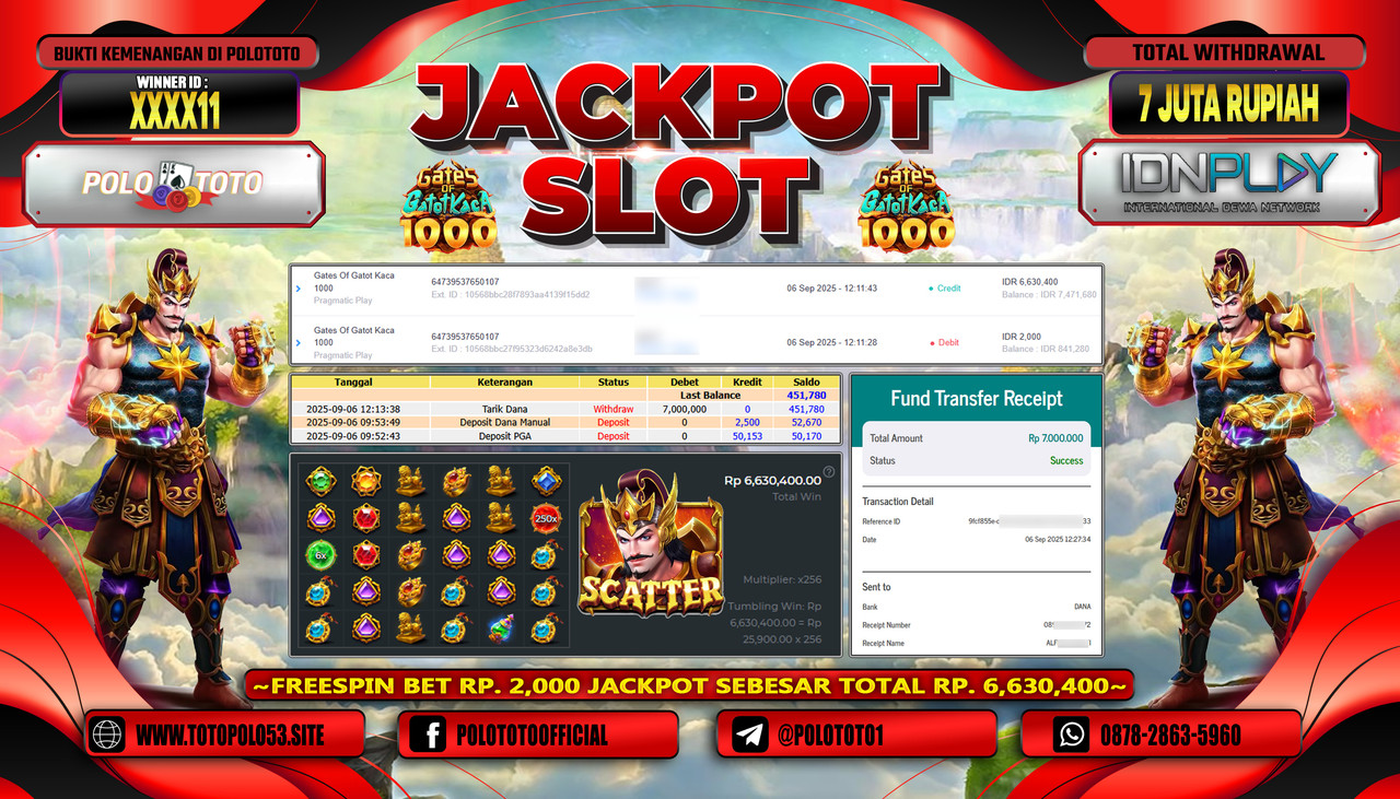 POLOTOTO JACKPOT SLOT GATES OF GATOT KACA 1000 Rp.7.000.000,- LUNAS