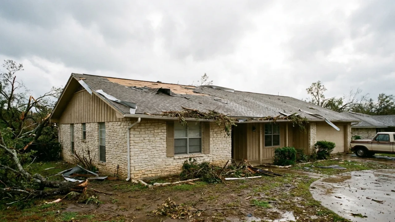 San Antonio roof showing typical storm damage including missing shingles and damaged flashing