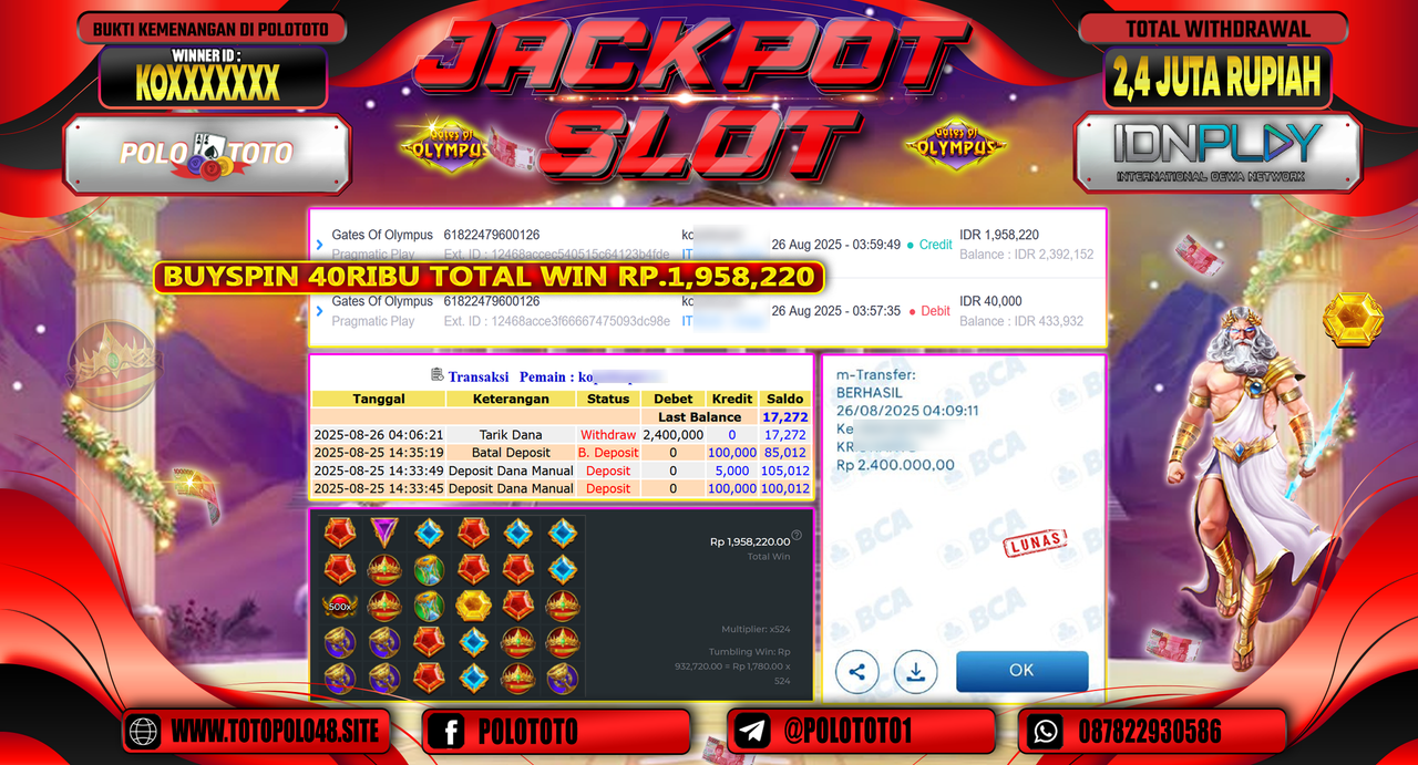 POLOTOTO JACKPOT SLOT GATES OF OLYMPUS Rp.2.400.000,-