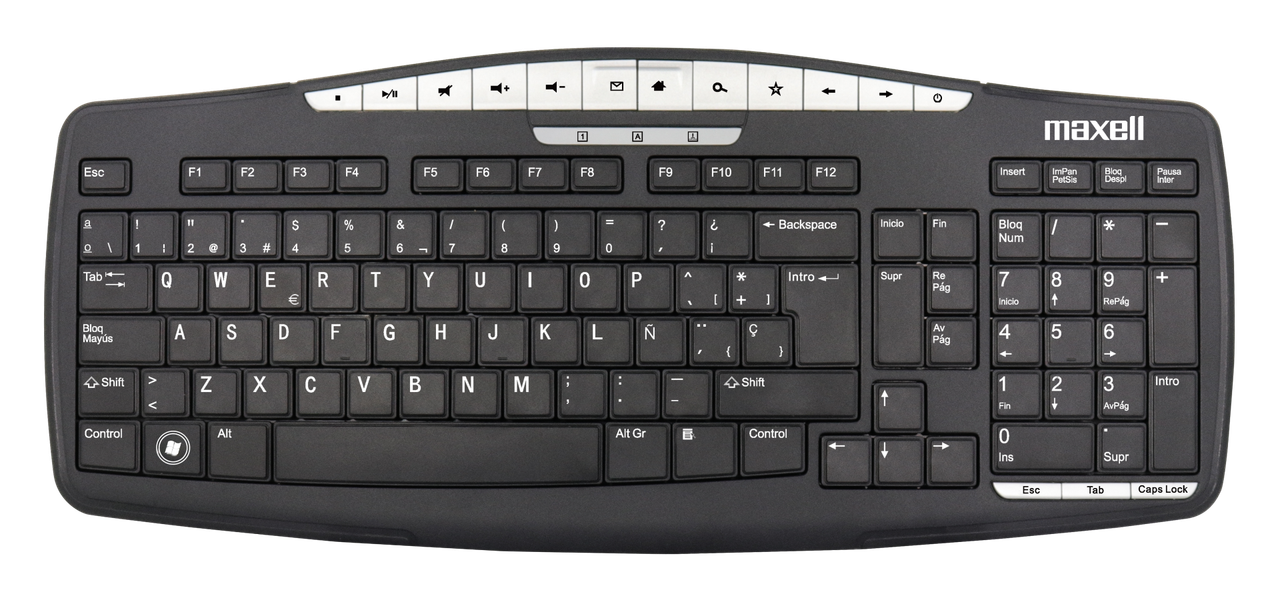 Teclado multifuncional de tamaño completo Maxell KB-100 en color negro.