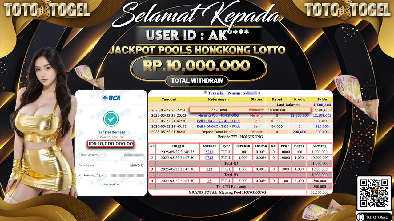 Bukti Pembayaran Jackpot Permainan Togel Pools Hongkong Lotto ID:AK***** LUNAS