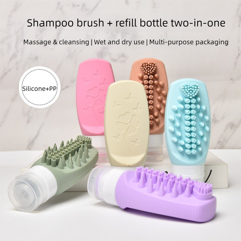Green Travel Silicone Refillable Bottle Set – Multi-Functional Soft-Squeeze Dispenser with Built-in Brush (3-Pack)