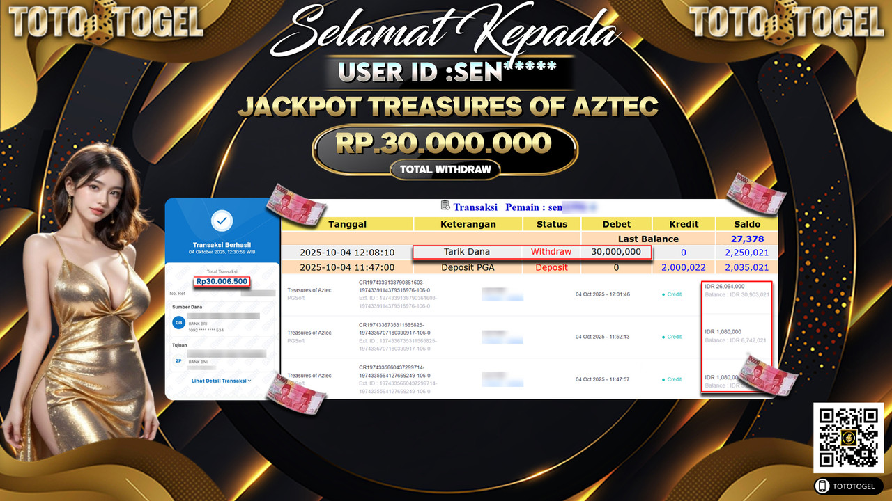 Bukti Pembayaran Jackpot Permainan Slot Treasures Of Aztec ID:SEN*** LUNAS