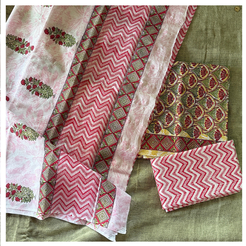 Hand Block Printed Pink & Green Cotton Dress Material