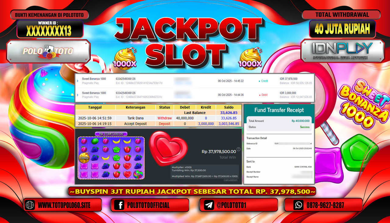 POLOTOTO JACKPOT SLOT SWEET BONANZA 1000 Rp.40.000.000,- LUNAS