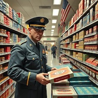 Major McCall buys chocolates in the commissary of USS Moore