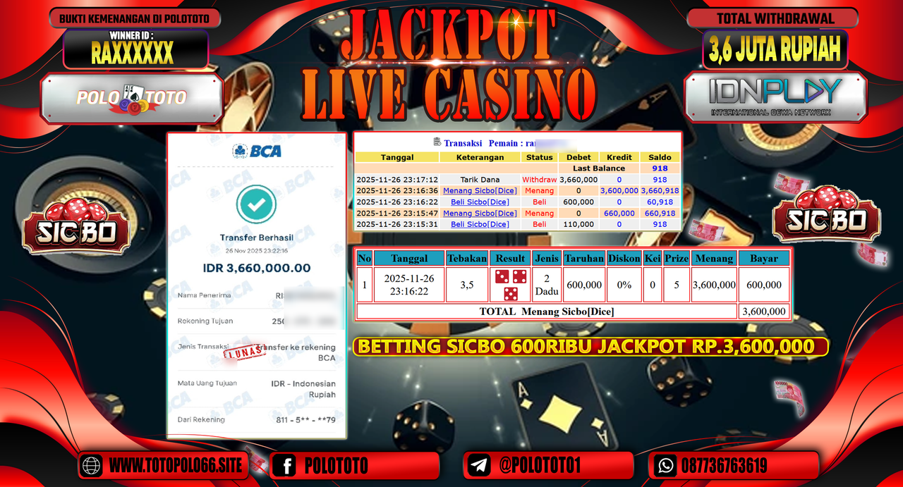 POLOTOTO JACKPOT LIVE CASINO MENANG SICBO Rp.3.600.000,- LUNAS