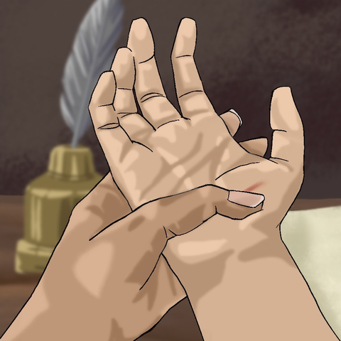 Sylvain holding Felix's wrist
