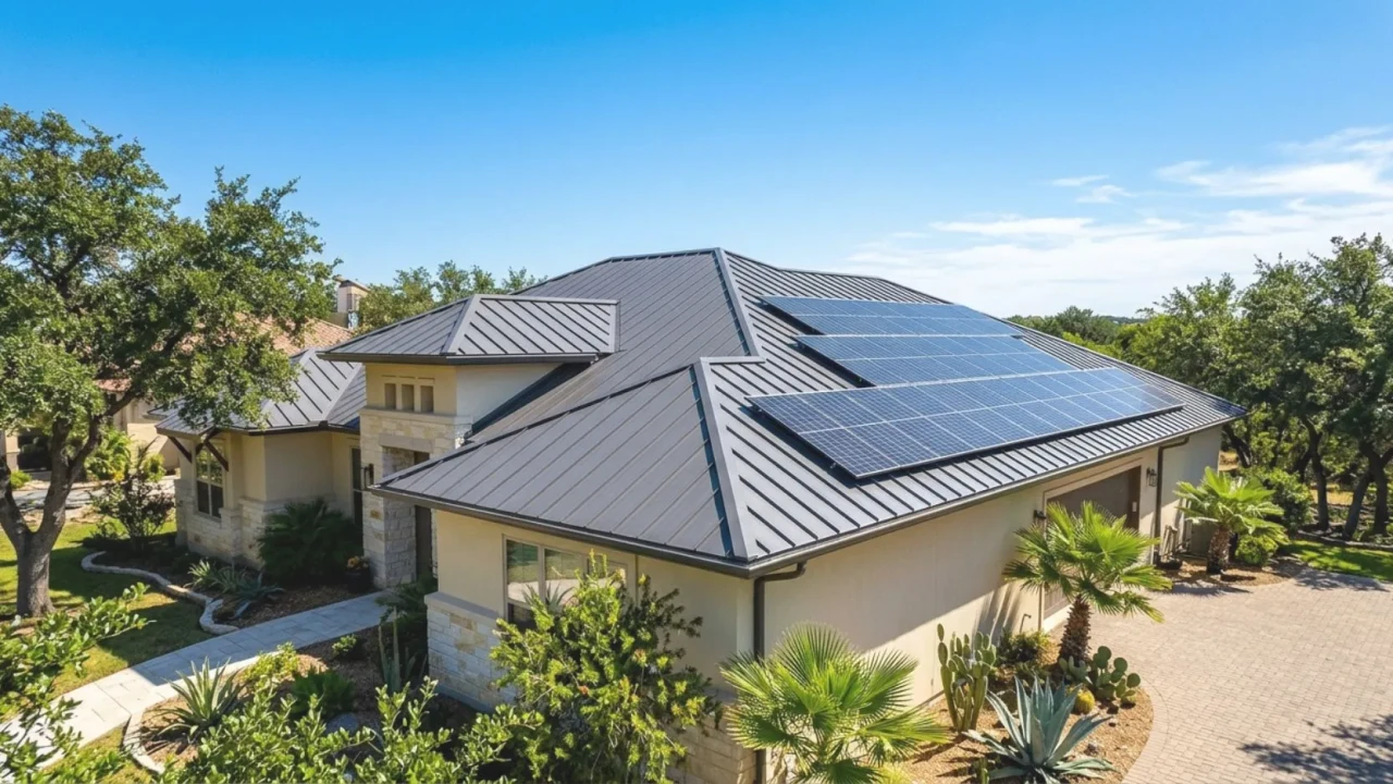 Metal roof with solar panels installed on San Antonio home