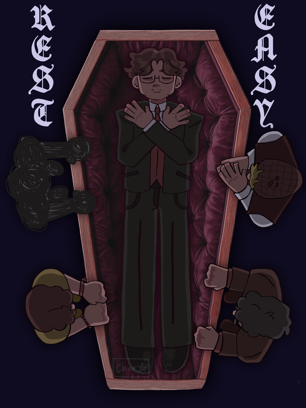 A digital drawing of the Webmaster and his alters. He lays in a coffin from a top-down view, surrounded by his altars on the edges, each holding onto the coffin. Their faces are not shown. Text reads, in a gothic font: rest easy.