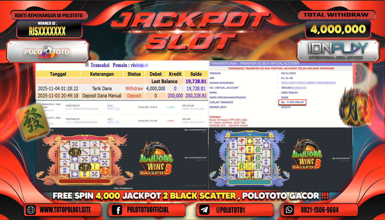POLOTOTO JACKPOT SLOT MAHJONG WINS 3 - BLACK SCATTER Rp.4.000.000,- LUNAS