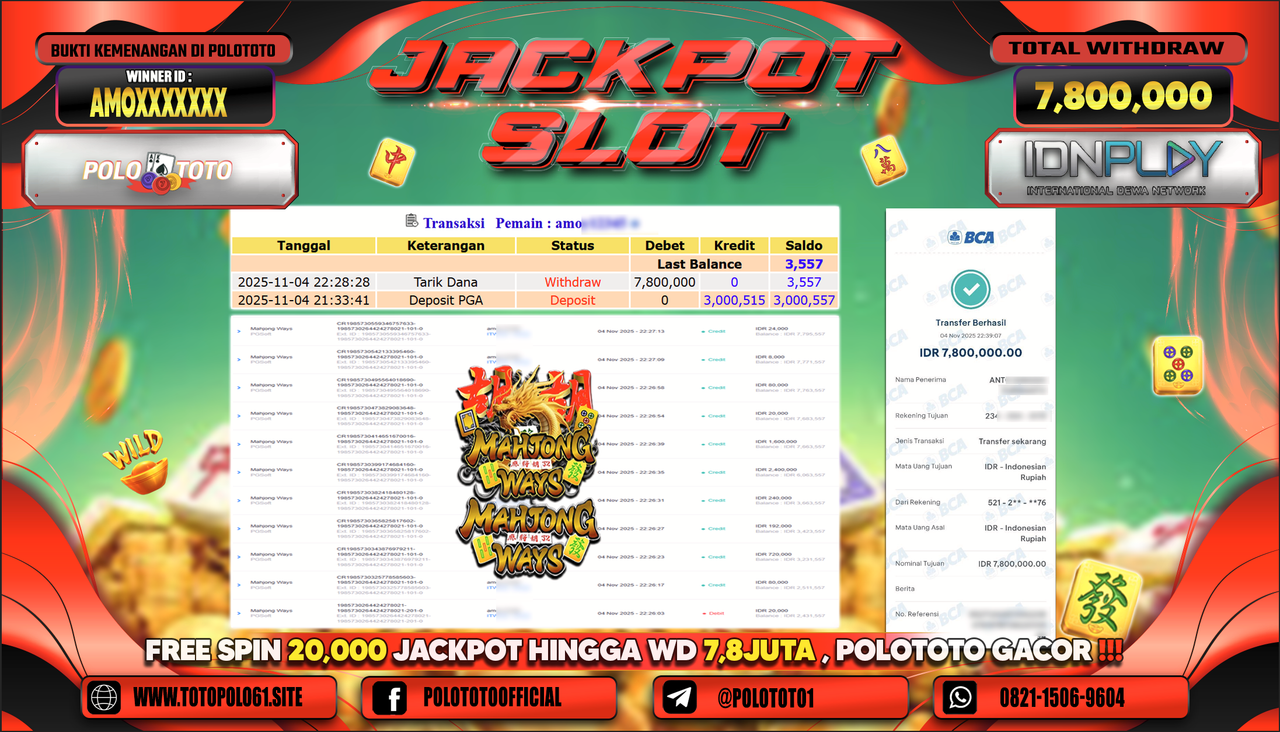 POLOTOTO JACKPOT SLOT MAHJONG WAYS Rp.7.800.000,- LUNAS