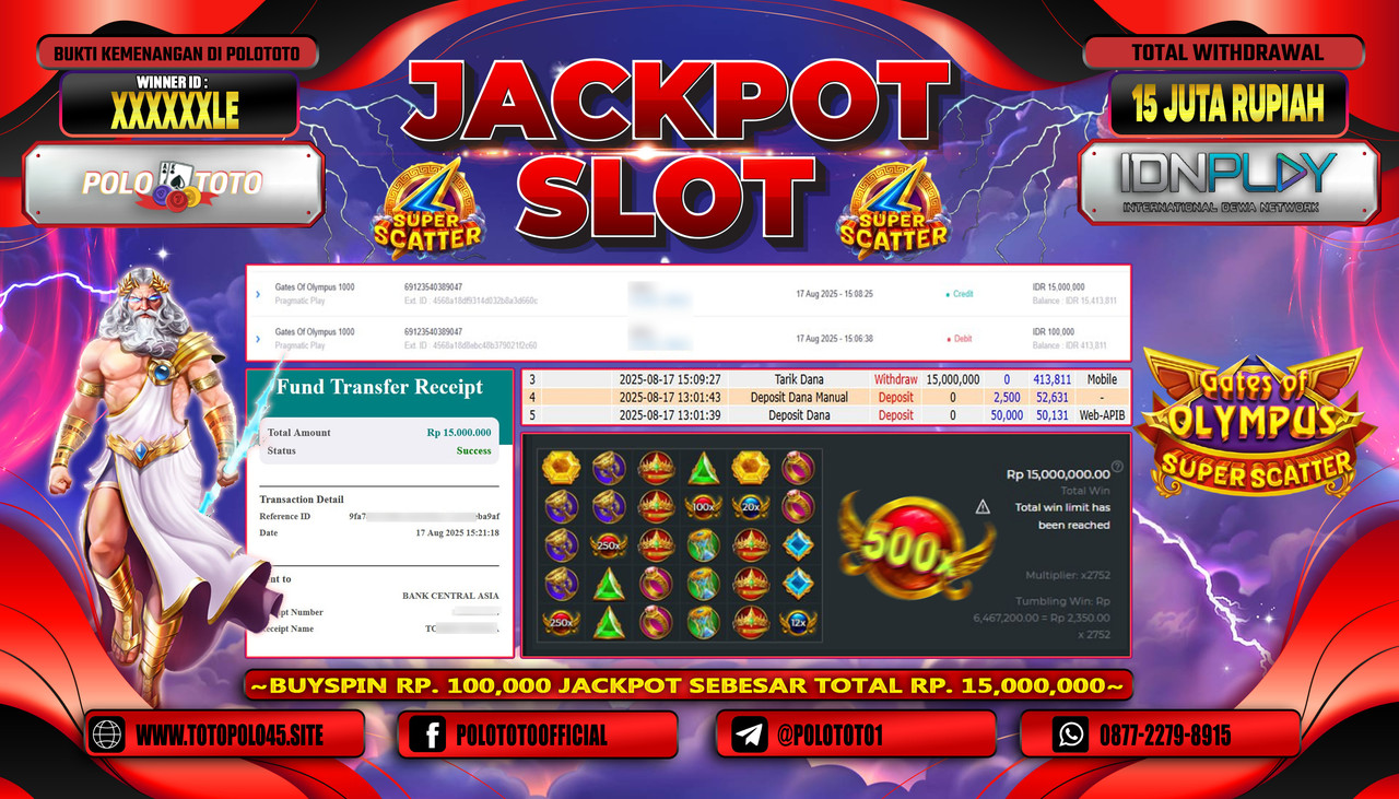 POLOTOTO JACKPOT SLOT GATES OF OLYMPUS SUPER SCATTER Rp.15.000.000,- LUNAS