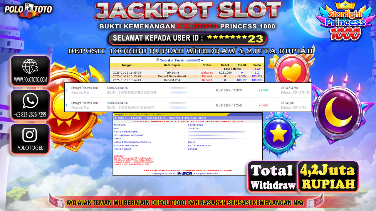 POLOTOTO JACKPOT SLOT STARLIGHT PRINCESS 1000 Rp.4.281.000,- 