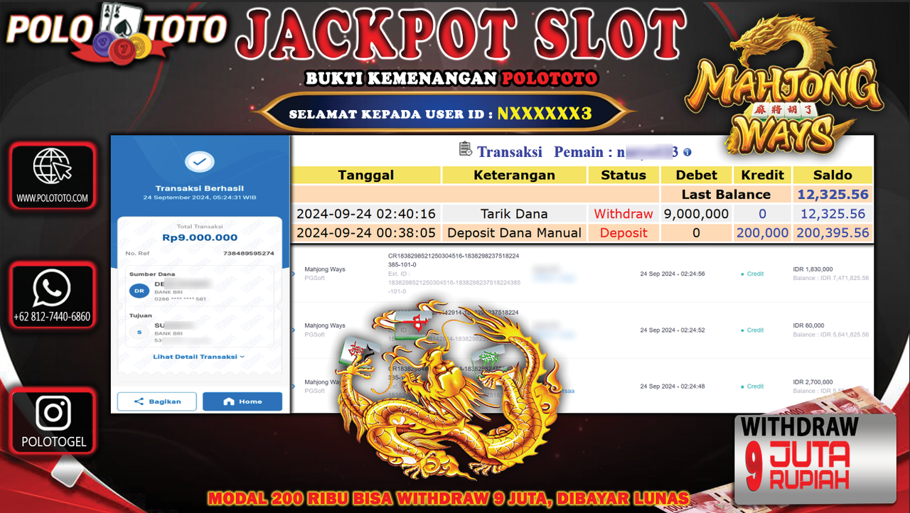 POLOTOTO JACKPOT SLOT MAHJONG WAYS Rp.9.000.000,- LUNAS