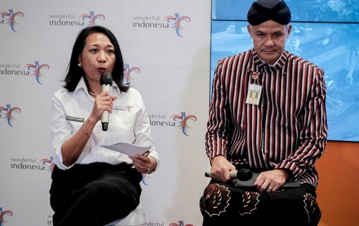 Ganjar Pranowo menghadiri peluncuran program 100 paket wisata nusantara menjelang Libur Natal dan Tahun Baru di Gedung Sapta Pesona, Jakarta, Senin (5/12/2022).