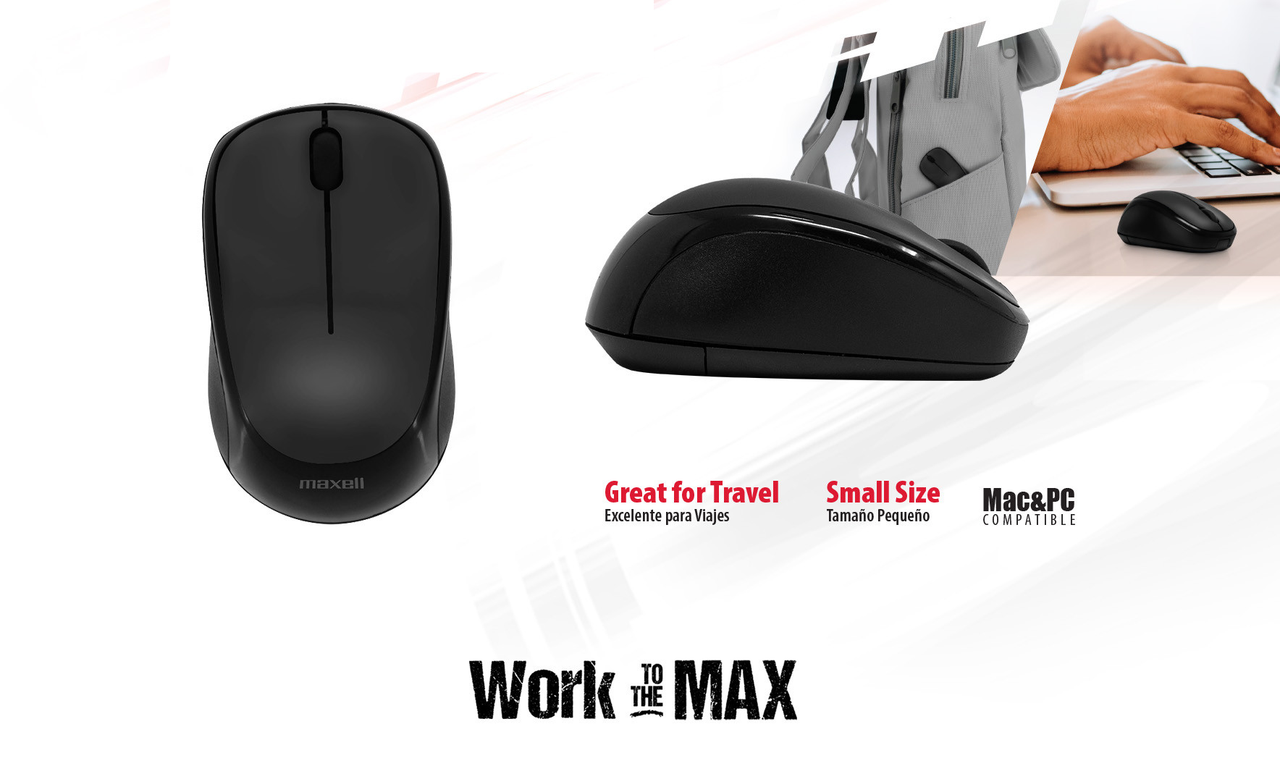 Mouse inalámbrico Maxell Nano, mostrando su diseño compacto y ambidiestro.
