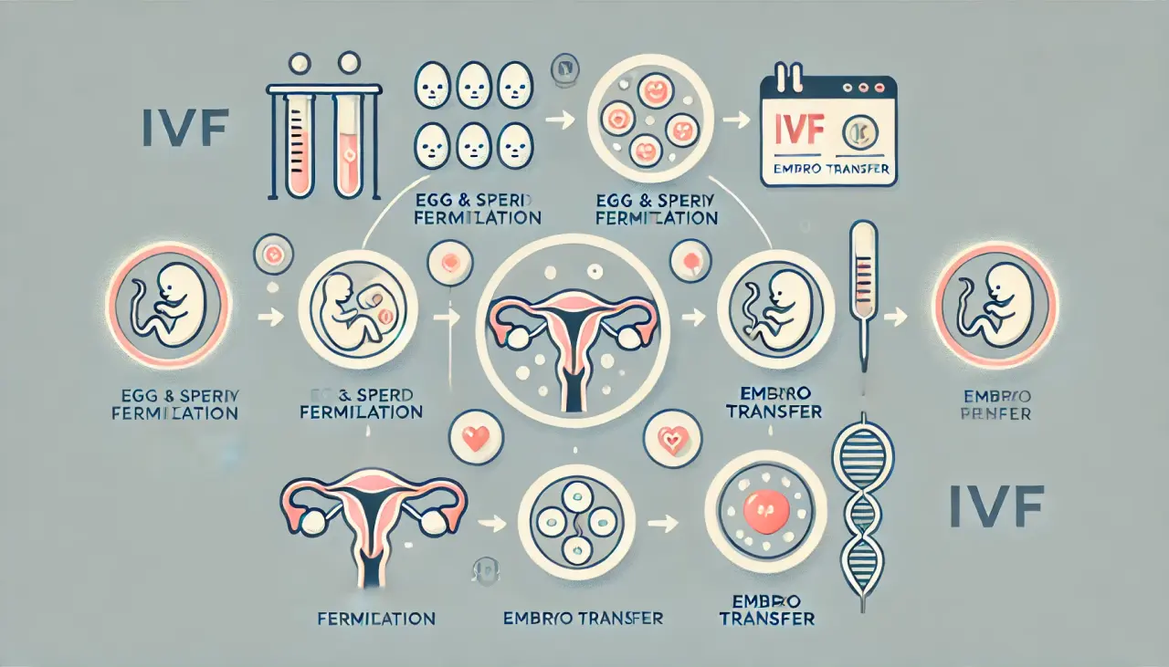 Infographic showing the IVF process, from egg and sperm fertilization to embryo transfer and implantation into the womb.