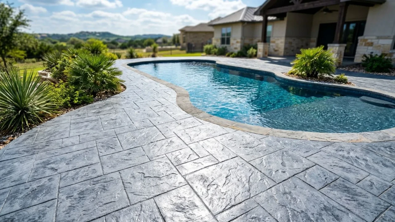 Stamped concrete pool deck with cool toned color and slip resistant texture in San Antonio
