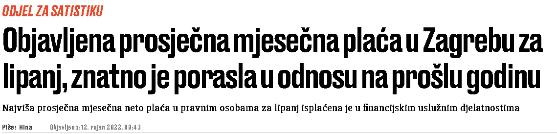 Prosječna neto plaća u jianju: Zagreb - 1,194 € ; Hrvatska - 1,024 € 1613