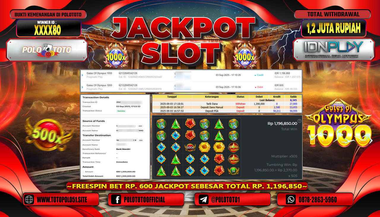 POLOTOTO JACKPOT SLOT GATES OF OLYMPUS 1000 Rp.1.200.000,- LUNAS