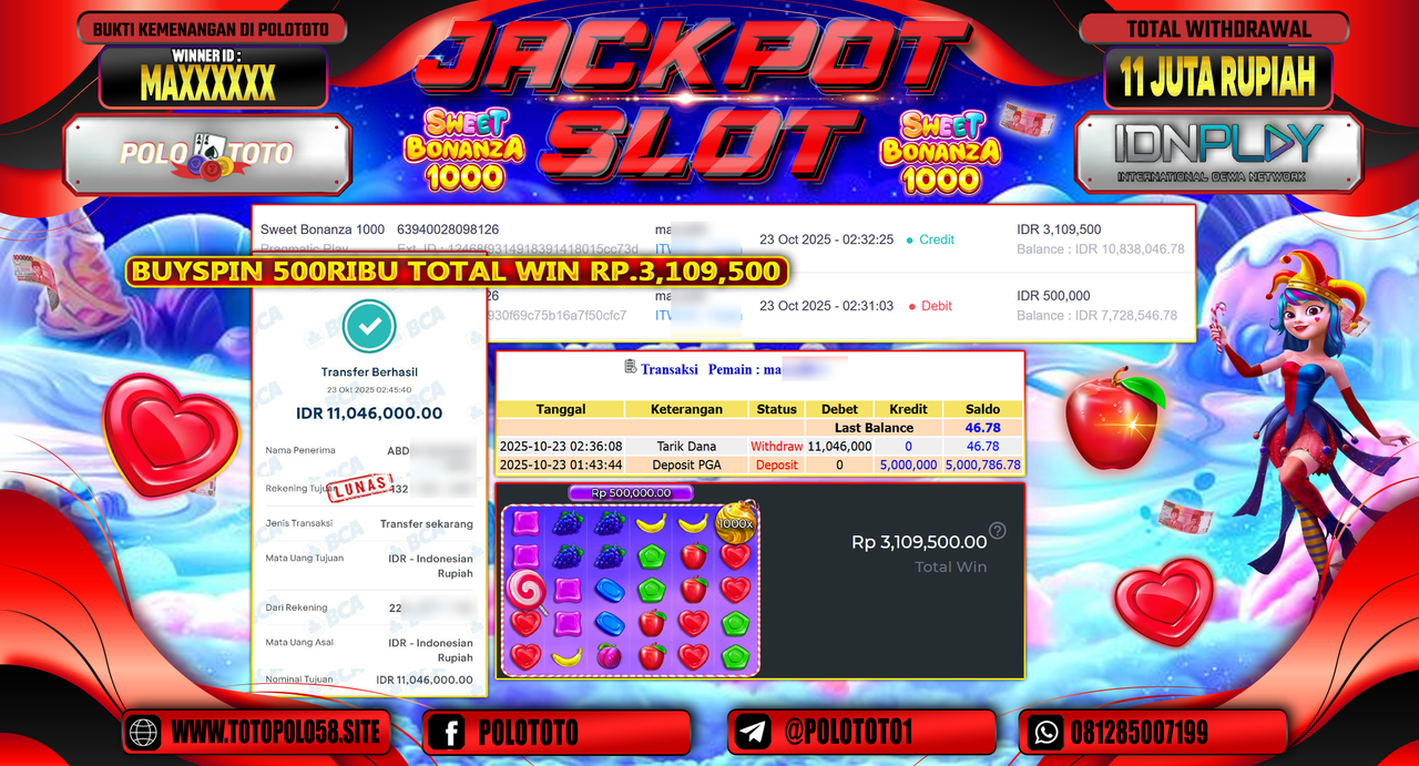 POLOTOTO JACKPOT SLOT SWEET BONANZA 1000 Rp.11.000.000,- LUNAS