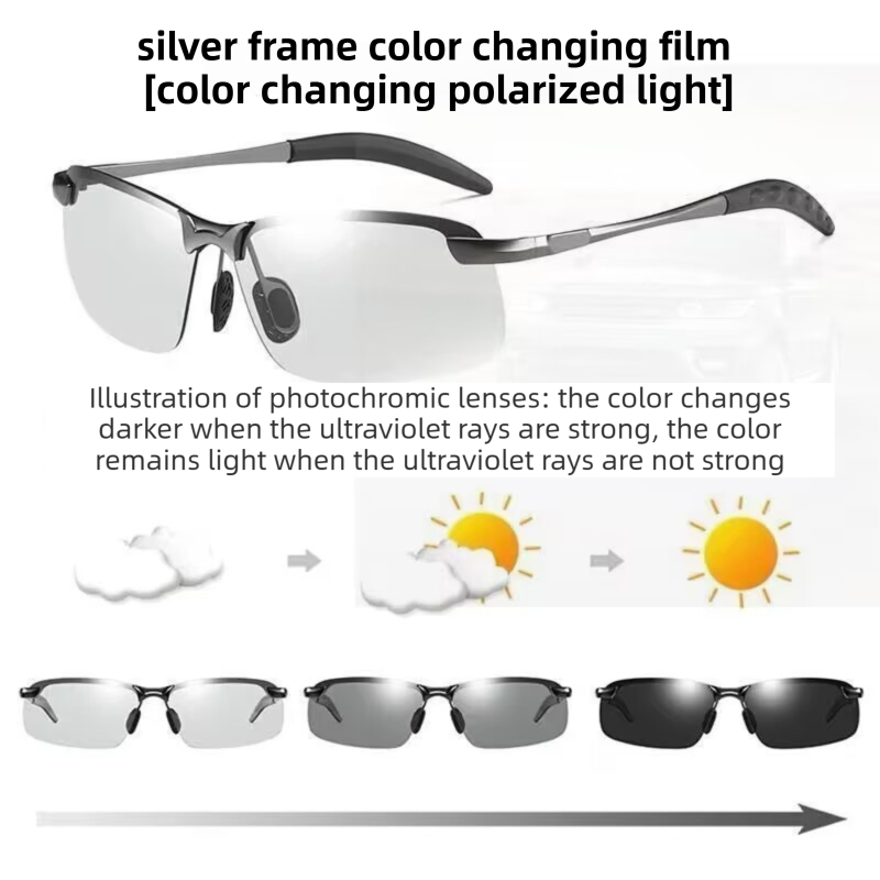 Sliver Photochromic HD Sunglass with Anti-Glare/Fatigue Polarization & Impact Resistant Alloy Frame for Day & Night Dual Use