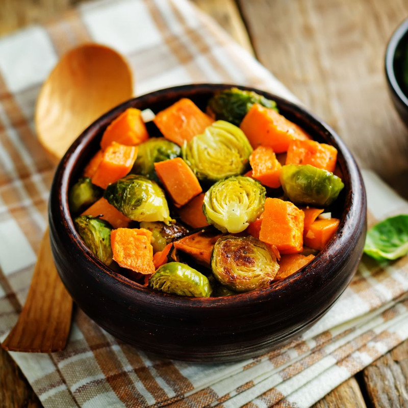 Roasted brussels sprouts sweet potatoes