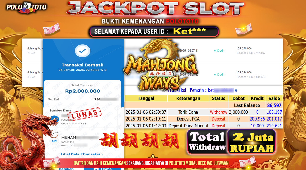 POLOTOTO JACKPOT SLOT MAHJONG WAYS Rp.2,000.000,-