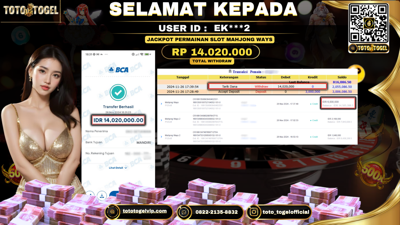 Bukti Pembayaran Jackpot Permainan Slot Mahjong Ways  ID: EK***2 LUNAS 
