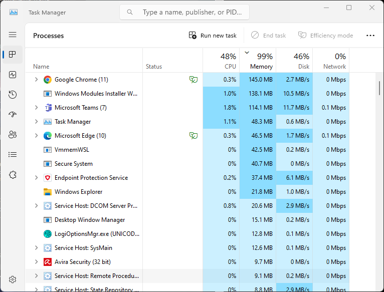 laptop uses up to 99% of RAM at Startup without any detectable cause ...