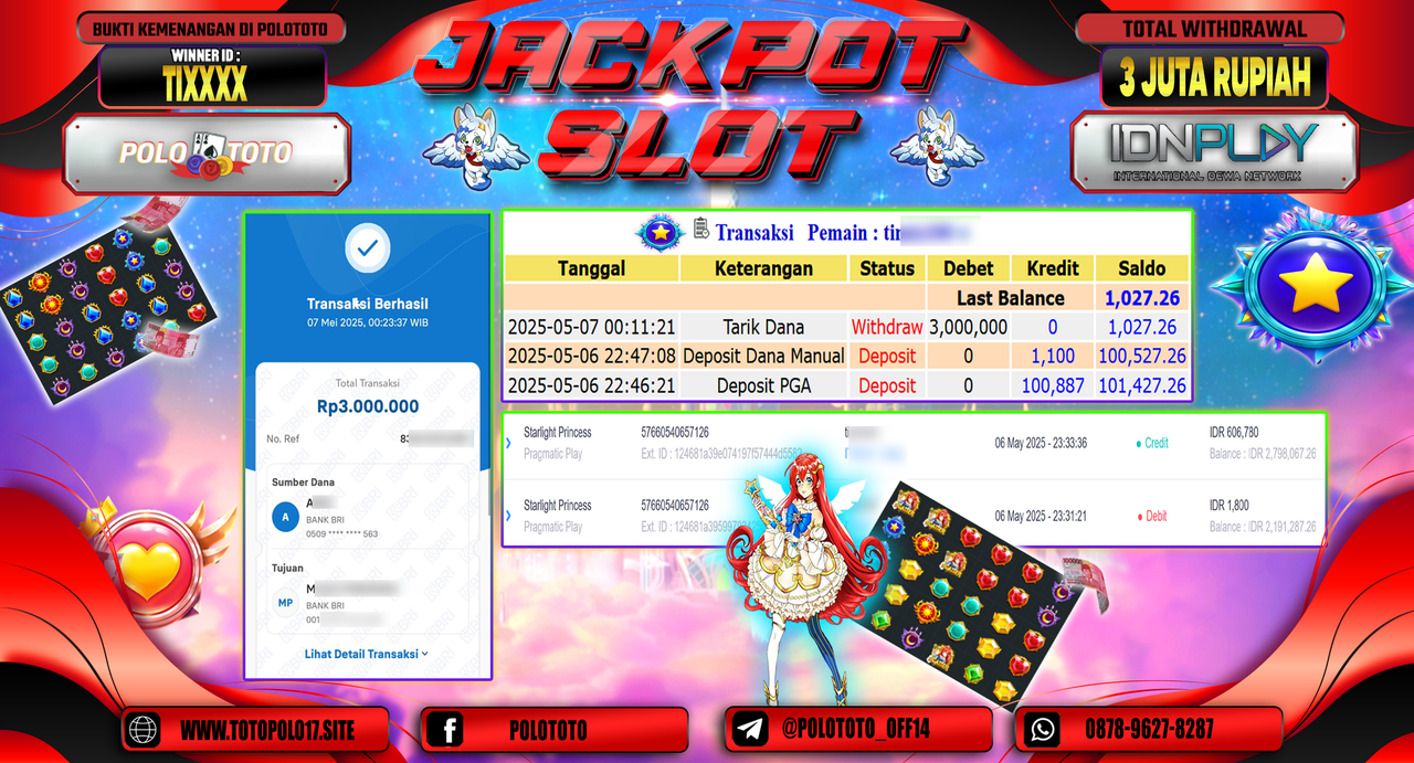 POLOTOTO JACKPOT SLOT STARLIGHT PRINCESS Rp.3.000.000,-
