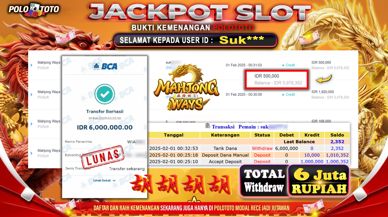 POLOTOTO JACKPOT SLOT MAHJONG WAYS Rp.6,000.000,-