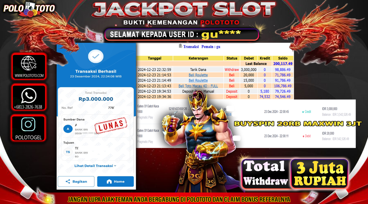 POLOTOTO JACKPOT SLOT GATES OF GATOT KACA 1000 Rp.3,000.000,-