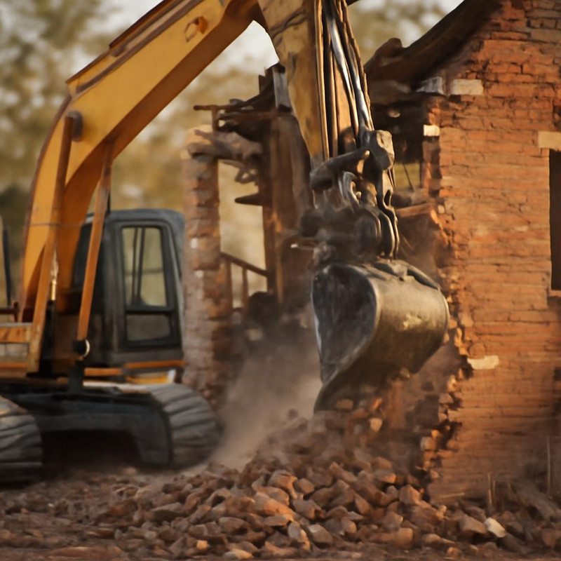 Процесс механизированной разборки кирпичного дома