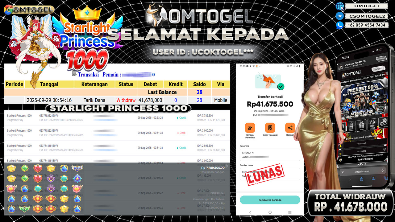 OMTOGEL JACKPOT PRAGMATIC PLAY STARLIGHT PRINCESS 1000 41 JUTA DI BAYAR LUNAS ,-