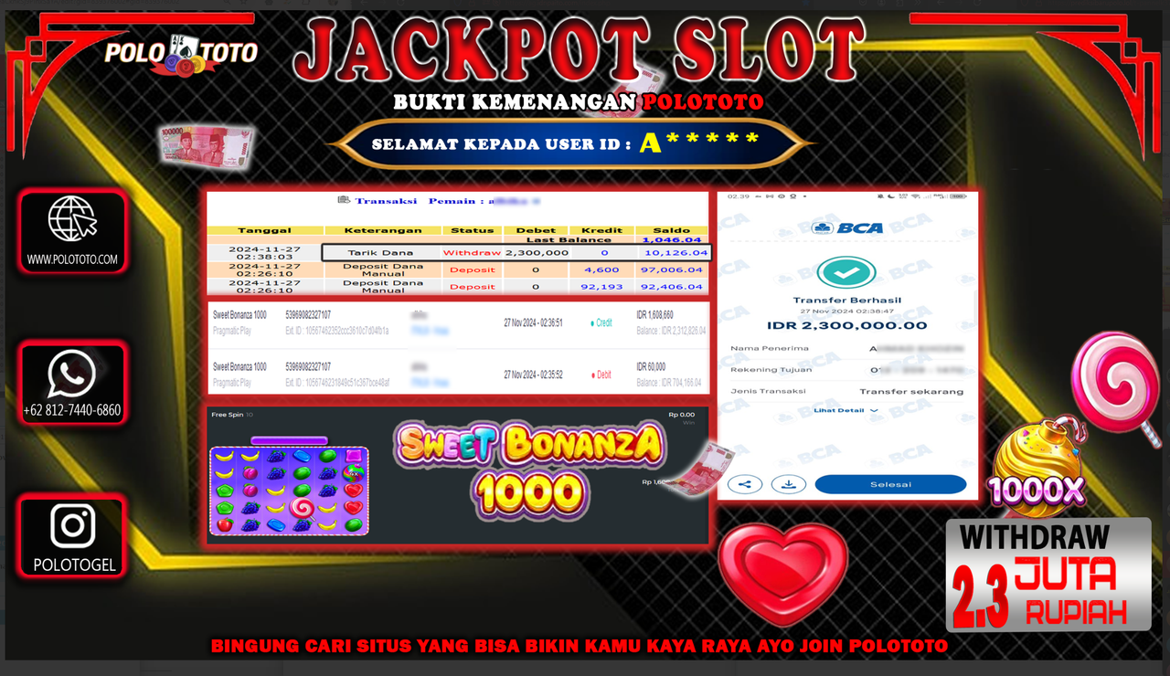 POLOTOTO JACKPOT SLOT SWEET BONANZA 1000 Rp.2.300.000,- 